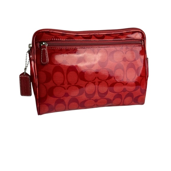 Coach Signature Red Patent Leather Accents Handbag Clutch Make up Case Women’s - Picture 13 of 17